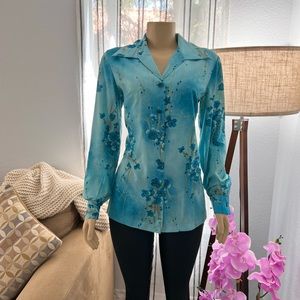 Vintage Mod 60s 70s Pykettes Blue Floral Long Sleeve Blouse Top Size L Large